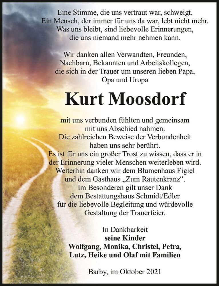  Traueranzeige für Kurt Moosdorf  vom 30.10.2021 aus Magdeburger Volksstimme