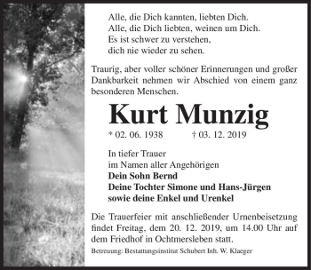Traueranzeige von Kurt Munzig  von Magdeburger Volksstimme