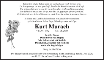 Traueranzeige von Kurt Murach  von Magdeburger Volksstimme