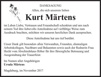 Traueranzeige von Kurt Märtens  von Magdeburger Volksstimme