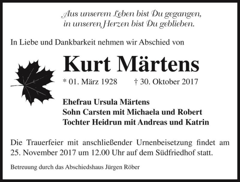  Traueranzeige für Kurt Märtens  vom 04.11.2017 aus Magdeburger Volksstimme