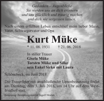 Traueranzeige von Kurt Müke  von Magdeburger Volksstimme