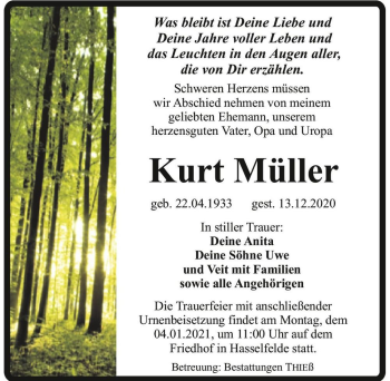 Traueranzeige von Kurt Müller  von Magdeburger Volksstimme