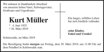 Traueranzeige von Kurt Müller  von Magdeburger Volksstimme
