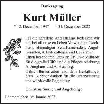Traueranzeige von Kurt Müller  von Magdeburger Volksstimme
