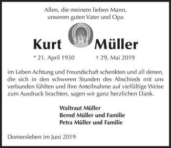 Traueranzeige von Kurt Müller  von Magdeburger Volksstimme
