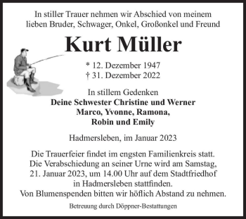 Traueranzeige von Kurt Müller  von Magdeburger Volksstimme