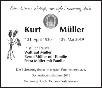Traueranzeige von Kurt Müller  von Magdeburger Volksstimme