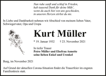 Traueranzeige von Kurt Müller  von Magdeburger Volksstimme