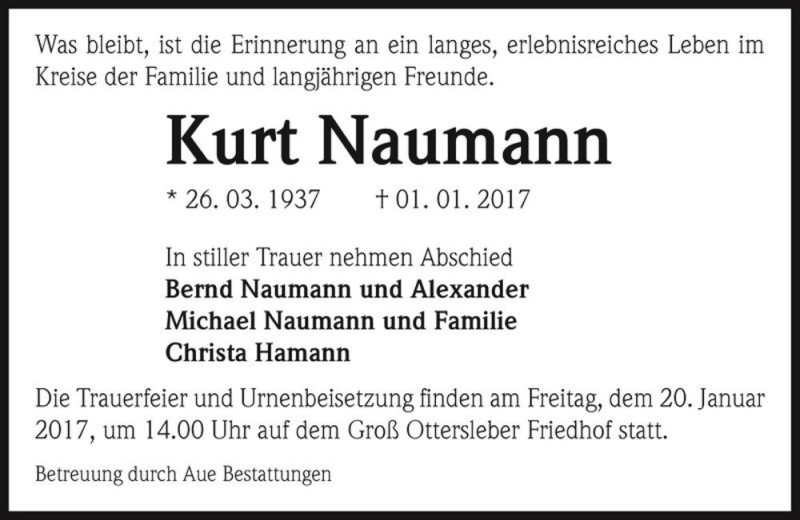  Traueranzeige für Kurt Naumann  vom 07.01.2017 aus Magdeburger Volksstimme
