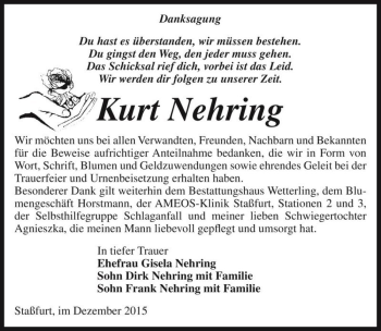 Traueranzeige von Kurt Nehring  von Magdeburger Volksstimme