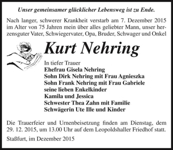 Traueranzeige von Kurt Nehring  von Magdeburger Volksstimme