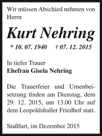 Traueranzeige von Kurt Nehring  von Magdeburger Volksstimme