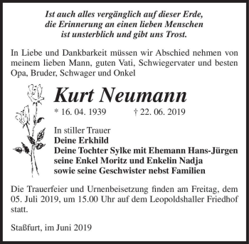 Traueranzeige von Kurt Neumann  von Magdeburger Volksstimme