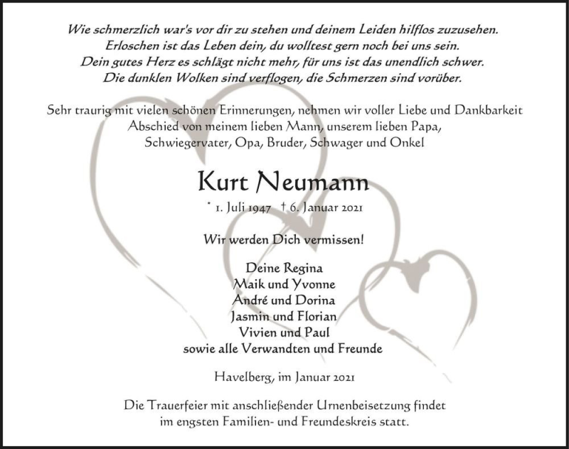  Traueranzeige für Kurt Neumann  vom 09.01.2021 aus Magdeburger Volksstimme