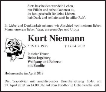 Traueranzeige von Kurt Niemann  von Magdeburger Volksstimme