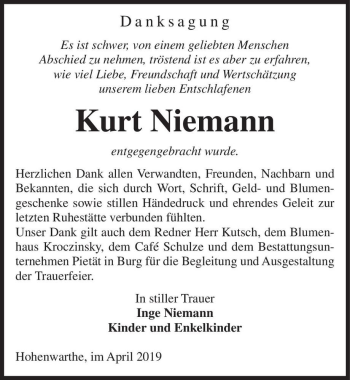Traueranzeige von Kurt Niemann  von Magdeburger Volksstimme