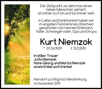 Traueranzeige von Kurt Niemzok  von Magdeburger Volksstimme