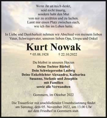 Traueranzeige von Kurt Nowak  von Magdeburger Volksstimme