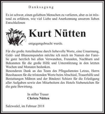 Traueranzeige von Kurt Nütten  von Magdeburger Volksstimme
