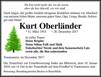 Traueranzeige von Kurt Oberländer  von Magdeburger Volksstimme
