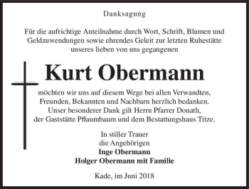 Traueranzeige von Kurt Obermann  von Magdeburger Volksstimme