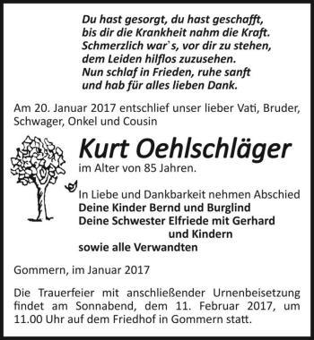 Traueranzeige von Kurt Oehlschläger  von Magdeburger Volksstimme