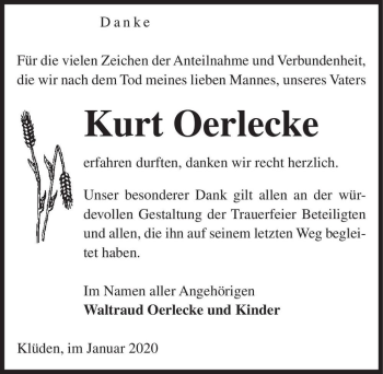 Traueranzeige von Kurt Oerlecke  von Magdeburger Volksstimme