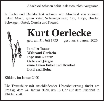 Traueranzeige von Kurt Oerlecke  von Magdeburger Volksstimme