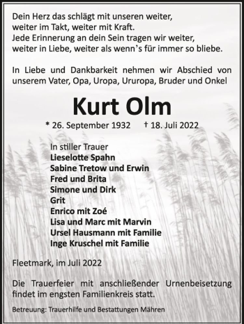 Traueranzeige von Kurt Olm  von Magdeburger Volksstimme