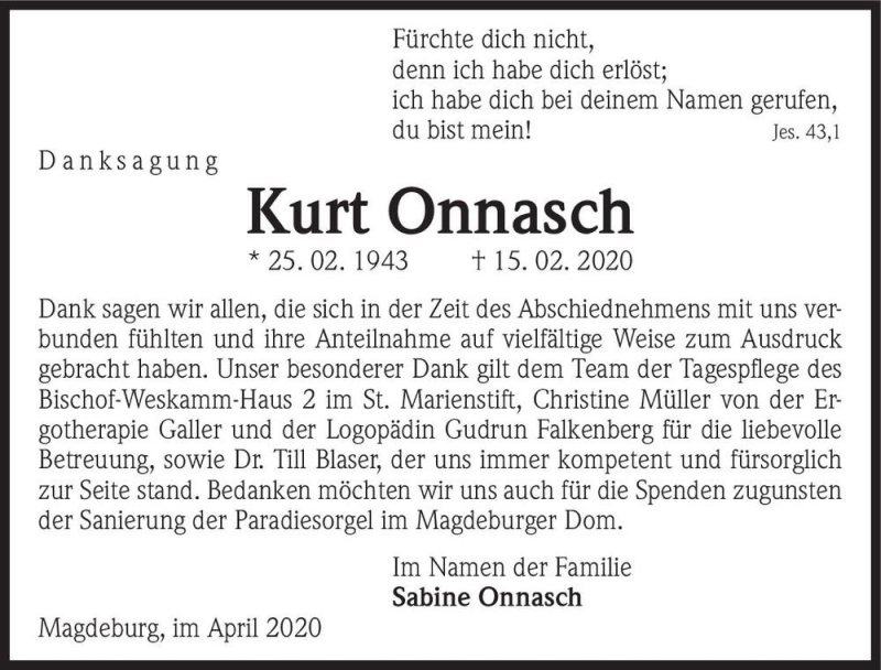  Traueranzeige für Kurt Onnasch  vom 18.04.2020 aus Magdeburger Volksstimme
