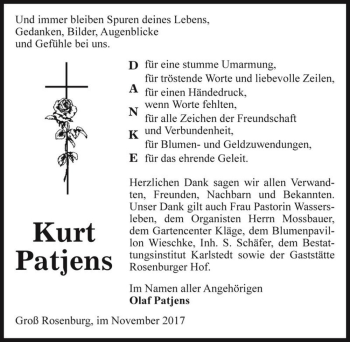 Traueranzeige von Kurt Patjens  von Magdeburger Volksstimme