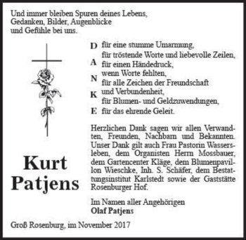 Traueranzeige von Kurt Patjens  von Magdeburger Volksstimme