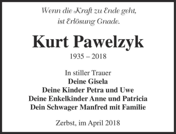 Traueranzeige von Kurt Pawelzyk  von Magdeburger Volksstimme