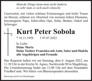Traueranzeige von Kurt Peter Sobola  von Magdeburger Volksstimme