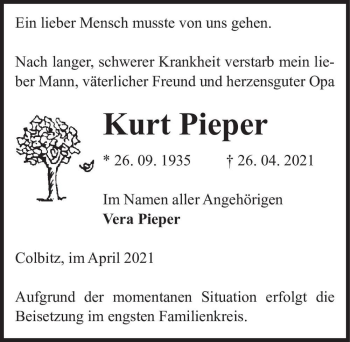 Traueranzeige von Kurt Pieper  von Magdeburger Volksstimme