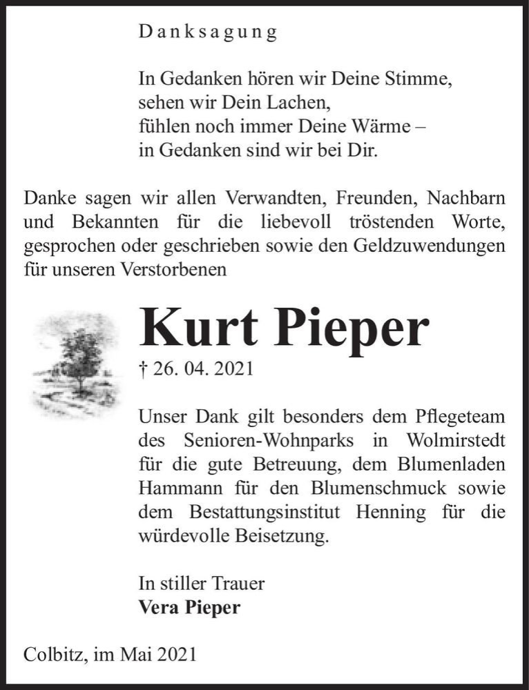  Traueranzeige für Kurt Pieper  vom 22.05.2021 aus Magdeburger Volksstimme
