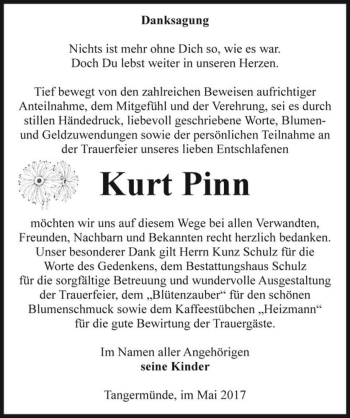 Traueranzeige von Kurt Pinn  von Magdeburger Volksstimme