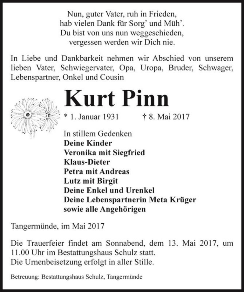  Traueranzeige für Kurt Pinn  vom 10.05.2017 aus Magdeburger Volksstimme