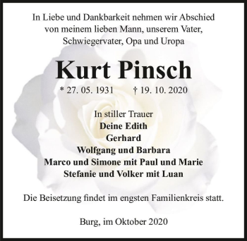Traueranzeige von Kurt Pinsch  von Magdeburger Volksstimme