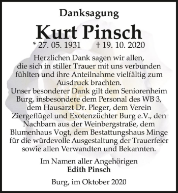 Traueranzeige von Kurt Pinsch  von Magdeburger Volksstimme
