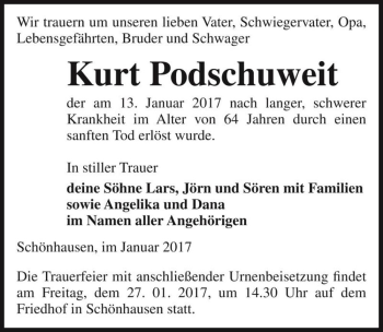 Traueranzeige von Kurt Podschuweit  von Magdeburger Volksstimme