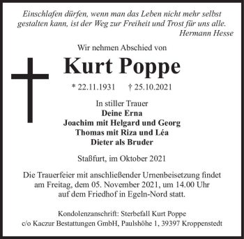 Traueranzeige von Kurt Poppe  von Magdeburger Volksstimme