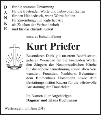 Traueranzeige von Kurt Priefer  von Magdeburger Volksstimme