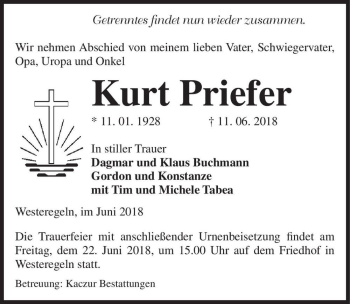 Traueranzeige von Kurt Priefer  von Magdeburger Volksstimme