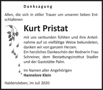 Traueranzeige von Kurt Pristat  von Magdeburger Volksstimme