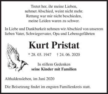 Traueranzeige von Kurt Pristat  von Magdeburger Volksstimme
