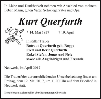 Traueranzeige von Kurt Querfurth  von Magdeburger Volksstimme