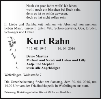 Traueranzeige von Kurt Rahn  von Magdeburger Volksstimme