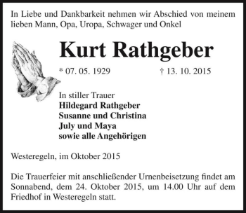 Traueranzeige von Kurt Rathgeber  von Magdeburger Volksstimme